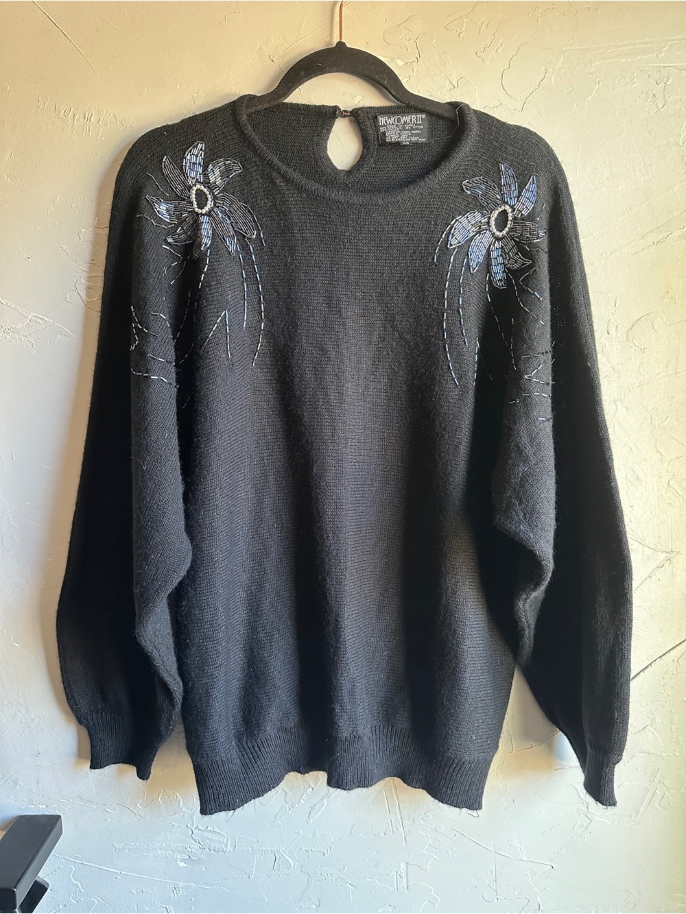 Vintage Newcomer II Black Beaded Relaxed Drop Shoulder Statement Sweater M/L - Picture 2 of 8